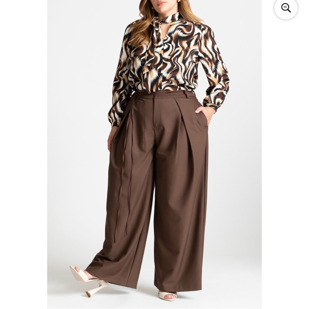 Eloquii Brown Pleated Wide Leg Trouser With Long Belt - Size 16